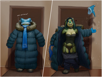anthro biped black_clothing black_legwear black_panties black_thigh_highs black_underwear blonde_hair blue_hair boots bottomwear bottomwear_down breasts bulge choker cleavage clothed clothing coat corset fangs footwear garter_straps green_body gynomorph gynomorph_anthro hair handwear humor inside intersex intersex_anthro jewelry legwear lingerie mittens multicolored_hair necklace panties pants pants_down parka partially_clothed red_eyes scarf shoes smile solo teeth thigh_highs topwear underwear undressing winter_clothing totesfleisch8 hello_kitty_(series) mythology sanrio joyce_(totesfleisch8) dragon mythological_creature mythological_scalie scalie 2026 digital_media_(artwork)