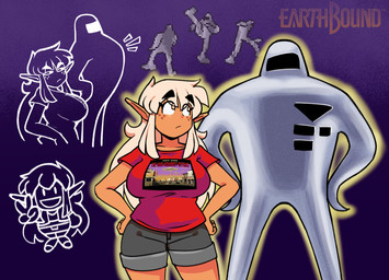 ambiguous_gender bangs big_breasts black_eyebrows breasts brown_body brown_ears brown_skin cartoon_freckles clothed clothed_female clothed_humanoid clothing collarbone duo eyebrows eyelashes female female_humanoid freckled_face freckles gesture hand_gesture hands_on_own_hips logo long_eyelashes looking_at_another narrowed_eyes not_furry orange_eyes print_clothing print_shirt print_topwear pupils red_clothing red_shirt red_topwear shirt thick_eyebrows topwear v_sign white_pupils white_sclera genocityzone earthbound_(series) nintendo autumn_(genocityzone) elf humanoid starman 2026 digital_media_(artwork) hi_res