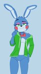 anthro bow_tie buckteeth clothing exposed_shoulder freckles gesture hand_gesture hand_on_hip hoodie looking_at_viewer machine makeup male pointing pointing_at_self rosy_cheeks simple_background solo teeth topwear hitsuji five_nights_at_freddy's five_nights_at_freddy's_2 scottgames toy_bonnie_(fnaf) animatronic lagomorph leporid mammal rabbit robot