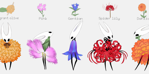 2_horns ambiguous_gender biped black_eyes black_text blue_clothing clothing flower front_view green_clothing grey_background horn looking_at_viewer looking_back orange_clothing plant rear_view red_clothing simple_background standing text arizuka00 hollow_knight_(franchise) team_cherry hornet_(hollow_knight) arthropod 2019 english_text hi_res multiple_images female_(lore)