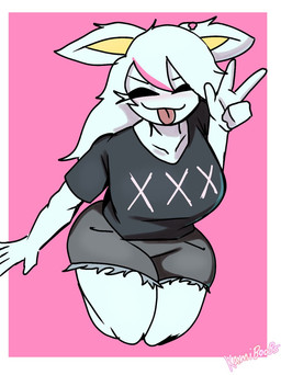 anthro black_clothing black_eyes black_shirt black_topwear clothing female gesture hair hand_gesture shirt solo tongue tongue_out topwear v_sign white_body white_hair kamino1 chloeli_(kamino1) arthropod insect lepidopteran moth hi_res