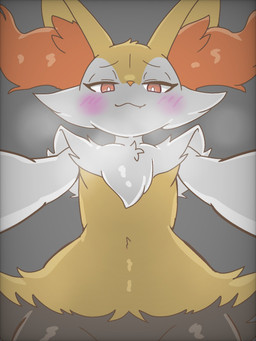 :3 ambiguous_anthro ambiguous_gender anthro arm_tuft biped black_body black_fur blush blush_lines breath cheek_tuft chest_tuft closed_smile cute_fangs eyebrows eyelashes facial_tuft fangs flat_chested front_view fur furrowed_eyebrows grey_background half-closed_eyes hip_tuft inner_ear_fluff looking_at_viewer looking_down looking_down_at_viewer low-angle_view mouth_closed multicolored_body multicolored_fur narrowed_eyes nude_ambiguous nude_anthro orange_body orange_eyes orange_fur orange_inner_ear_fluff orange_nose pointy_ears prick_ears raised_inner_eyebrows shoulder_tuft simple_background smile solo teeth tuft white_body white_fur worm's-eye_view yellow_body yellow_fur sankoh_test nintendo pokemon braixen canid generation_6_pokemon mammal pokemon_(species) 2026 3:4 aliasing binary_drawing cel_shading colored digital_drawing_(artwork) digital_media_(artwork) hi_res japanese_description shaded translated_description