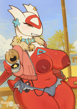 alcohol anthro areola arm_support beach beer bell bell_collar beverage beverage_can big_breasts bodily_fluids bottomwear breasts clothed clothing collar denim denim_bottomwear denim_clothing denim_shorts exhibitionism exposed_breasts female half-closed_eyes hidden_sex_toy hidden_vibrator huge_breasts jacket legs_together looking_at_viewer masturbation narrowed_eyes navel nipples no_bra nude open_clothing open_jacket open_topwear palm_tree plant public public_exposure public_masturbation red_areola red_body red_nipples sea sex_toy shorts side-tie_bottomwear sitting slightly_chubby slightly_chubby_anthro slightly_chubby_female smile solo stealth_masturbation sweat sweatdrop teeth thick_thighs three-quarter_view topwear tree vaginal vaginal_masturbation vibrator water white_body wide_hips goldenyuusha nintendo pokemon generation_3_pokemon latias legendary_pokemon pokemon_(species) hi_res