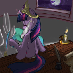 blush bodily_fluids candle crown cunnilingus cutie_mark detailed_background duo eyes_closed feathered_wings feathers female female/female feral feral_on_feral fur furniture genital_fluids hair headgear horn inside loose_feather moon multicolored_hair night oral princess purple_body purple_fur purple_hair quill royalty scroll sex sitting star sweat table tail two_tone_hair vaginal vaginal_fluids wet wings bloodkiaser923 friendship_is_magic hasbro my_little_pony mythology princess_celestia_(mlp) twilight_sparkle_(mlp) equid equine mammal mythological_creature mythological_equine unicorn winged_unicorn 1:1 2012 hi_res