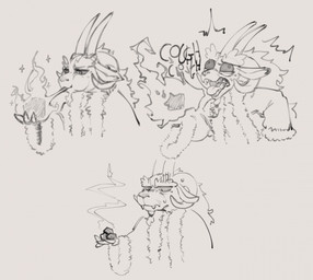 annoyed anthro beard breath_powers clothing coal coat cough curved_horn elderly elderly_male elemental_manipulation facial_hair fangs fire fire_breathing fire_manipulation gift holding_object holidays horn magic male silly snout solo sound_effects teeth tongue topwear wyth christmas bovid caprine caprine_demon demon goat goat_demon mammal 2025 comic digital_drawing_(artwork) digital_media_(artwork) hi_res monochrome sketch