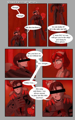 anthro armor blood bodily_fluids clothed clothing death dialogue dragging dragging_another dying female group machine male power_armor sad science_fiction text trio sly_shadex gameoverse glitch_productions halo_(series) microsoft xbox_game_studios gobbles_(gameoverse) kit_bodega noble_six dinosaur domestic_cat felid feline felis human mammal prehistoric_species reptile scalie 5:8 comic crossover english_text hi_res