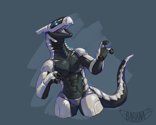 3_fingers abstract_background ambiguous_gender anthro black_body black_tongue blue_eyes fingers glowing glowing_eyes grey_background horn logo looking_up machine open_mouth simple_background solo standing tail tongue white_body babanasaur android robot synth_(vader-san) 2023 artist_logo digital_media_(artwork) hi_res portrait three-quarter_portrait