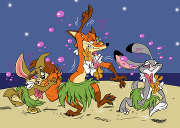 anthro arm_tuft beach cheek_tuft chest_tuft claws dipstick_ears dipstick_tail drunk ear_markings elbow_tuft facial_tuft floral flower flower_garland fur garland gloves_(marking) grass_skirt grey_body grey_fur group inner_ear_fluff lei markings motion_lines multicolored_body multicolored_ears multicolored_fur multicolored_tail on_one_leg orange_body orange_fur outside pawpads plant sand scut_tail seaside short_tail size_difference standing substance_intoxication tail tail_grab tail_markings tan_body tan_fur toe_claws tuft two_tone_body two_tone_fur dodgyrom foxlover91 disney zootopia finnick_(zootopia) judy_hopps nick_wilde canid canine fennec_fox fox lagomorph leporid mammal rabbit red_fox true_fox 2017