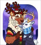 2021 alpha_channel anthro antlers biped blue_body blue_fur blush border braided_hair brown_body brown_fur clothed clothing deer digital_drawing_(artwork) digital_media_(artwork) duo embrace fingers flat_colors fur fuzzbutts_(lopoddity) hair hi_res hooved_fingers hooves horn lopoddity lune_forestier male mammal new_world_deer night open_mouth open_smile reindeer scarf sky smile star tail tail_motion tailwag theodore_(fuzzbutts) transparent_border white-tailed_deer