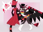 alastor_(hazbin_hotel) anthro attack ball_bulge ballbusting bodily_fluids bulge clothing cock_and_ball_torture crotch_attack crotch_kick cum duo gender_symbol genital_fluids genital_torture goddesskusiwolf hazbin_hotel hi_res humanoid husk_(hazbin_hotel) kick lgbt_pride male male/male pain pansexual pride_color_clothing pride_color_underwear pride_colors red_wings saliva simple_background symbol underwear wings