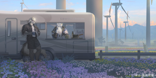 anthro black_nose blue_eyes blue_sky caravan clothed clothing cloud duo flower fur grey_body grey_fur grey_hair hair jewelry male male_anthro messy_hair mouth_closed necklace plant purple_eyes short_hair sky standing white_body white_fur white_hair wind_turbine awaldkize canid canine mammal absurd_res hi_res