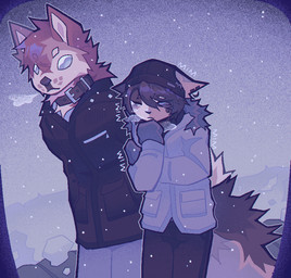 anthro beanie black_clothing black_coat black_topwear blue_clothing blue_coat blue_eyes blue_topwear brown_body brown_fur brown_hair clothing coat collar ear_piercing eyebrow_piercing facial_piercing fur hair hat headgear headwear orange_body piercing red_body red_fur shaking shivering snow topwear white_body white_fur winter_coat vinqock callie_(vinqou) lev_(vinqou) calico_cat canid canine canis domestic_cat domestic_dog felid feline felis husky mammal nordic_sled_dog spitz 2025 trans_(lore) trans_man_(lore)