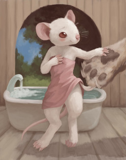 ambiguous_gender anthro bath bathtub blush claws clothing digitigrade duo female fur hand_holding mouse_tail offscreen_character pawpads paws predator/prey red_eyes size_difference smile solo_focus topwear tube_top undressing whiskers white_body white_fur myakich domestic_cat felid feline felis mammal mouse murid murine rodent 2016 digital_media_(artwork) digital_painting_(artwork) hi_res painting_(artwork)