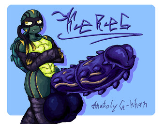 anthro balls big_balls big_penis black_balls genitals green_body huge_balls huge_penis hyper hyper_balls hyper_genitalia hyper_penis male mask penis shell simple_background solo standing turtle_shell unusual_anatomy unusual_genitalia yellow_eyes anatoly_genghis_khan teenage_mutant_ninja_turtles keres_(lucen) reptile scalie turtle 4:3 colored digital_drawing_(artwork) digital_media_(artwork) paint.net_(artwork) shaded