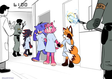 2_tails 3_toes anthro barefoot black_body black_fur black_nose blue_body blue_fur brown_feet brown_hands brown_striped_fur cattle_prod claws clipboard countershade_feet countershading dipstick_tail exclamation_point eyelashes feet female fur gloves_(marking) gown green_eyes grey_body grey_fur groggy group guard gun hand_holding male markings mouth_mask multi_tail multicolored_body multicolored_fur patient_gown pawpads paws pen pink_body pink_fur pink_pawpads plantigrade ranged_weapon red_stripes rubbing_eyes scientist stripes tail tail_markings tan_hands tan_palms tan_soles time toe_claws toes waking_up weapon white_tail_tip yellow_body yellow_fur quavernsfw sega sonic_the_hedgehog_(series) amy_rose miles_prower shadow_the_hedgehog sonic_the_hedgehog canid canine eulipotyphlan fox hedgehog human mammal hi_res