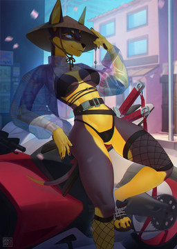 anthro asian bikini black_body black_claws black_fur black_nose blue_eyes breasts claws clothing coat countershading female fishnet_clothing fishnet_legwear fur katana legwear melee_weapon motorcycle ronin solo swimwear sword tail topwear two-piece_swimsuit vehicle weapon yellow_body yellow_countershading yellow_fur ansart aydi_(nullthewolf) anubian_jackal canid canine canis dobermann domestic_dog jackal mammal pinscher absurd_res hi_res