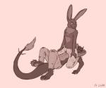 anthro barefoot clothed clothing duo feet kneeling looking_back lying male on_back on_ground partially_clothed pinned sitting sitting_on straddling tail catwolf mythology zelas_(cirez) dragon lagomorph leporid mammal mythological_creature mythological_scalie rabbit reptile scalie 2012 6:5