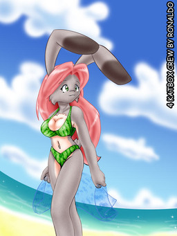 anthro beach big_breasts bikini breasts clothed clothing female food food_bikini food_print fruit fruit_bikini fruit_print fur green_eyes grey_body grey_fur hair long_hair melon multicolored_body multicolored_fur outside pink_hair plant plant_print print_bikini print_clothing print_swimwear seaside solo swimwear two-piece_swimsuit two_tone_body two_tone_fur watermelon watermelon_bikini watermelon_pattern watermelon_print white_body white_fur nekonny las_lindas taffy_(las_lindas) lagomorph leporid mammal rabbit 3:4