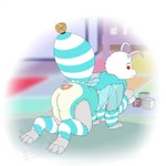 antennae_(anatomy) anthro arm_tuft blue_body claws clean_diaper clothed clothing crawling diaper feet leg_tuft looking_back male neck_tuft red_eyes simple_background solo stripes talons toes toy_block tuft wearing_diaper wetness_indicator white_body wings young fennecat arthropod bee hymenopteran insect 1:1 absurd_res hi_res watermark