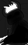 2_horns black_body black_eyes cloak clothing horn inside low-angle_view sitting white_head skeletorskeletonized hollow_knight team_cherry zote_(hollow_knight) arthropod 2020 5:8 digital_media_(artwork) hi_res monochrome