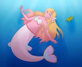 blonde_hair bra breasts bubble cleavage clothed clothing duo eyes_closed eyewear female feral glasses green_body hair highlights_(coloring) male navel pink_body pink_hair seashell_bra split_form underwater underwear water ponponthedreambunny amphibian aquatic frog merfolk 2025 digital_drawing_(artwork) digital_media_(artwork) hi_res