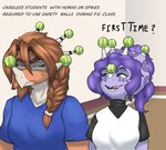 3_horns anthro ball blue_clothing blue_shirt blue_topwear bone_frill braided_hair breasts brown_hair clothing cross-popping_vein dialogue duo facial_horn female frill_(anatomy) glaring glaring_at_another hair head_crest head_frill head_spikes horn inside long_hair looking_at_another multi_horn narrowed_eyes nose_horn orange_body orange_scales ponytail protection_gear purple_body purple_scales red_eyes safety scales shirt smile snout spiked_frill spikes spikes_(anatomy) tennis_ball tennis_ball_on_horn text topwear white_body white_scales prometheuzone cavemanon_studios snoot_game maria_(snoot_game) sera_(snoot_game) aquilops ceratopsian dinosaur ornithischian prehistoric_species reptile scalie triceratops colored english_text