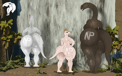 anthro bathing big_butt branded brown_body butt female group huge_butt looking_at_another pink_body soaked trio tropical waterfall white_body dino1fan101 jurassic_park jurassic_world universal_studios corythosaurus dinosaur hadrosaurid humanoid hybrid indominus_rex ornithischian ornithopod patagotitan prehistoric_species reptile saurischian sauropod sauropodomorph scalie theropod 16:10 widescreen