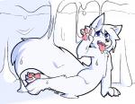 ambiguous_gender assimilation blue_eyes butt canid canine canis changed_(video_game) fluffy fur goo_creature grimev latex lin_(changed) lying mammal nude paws slime solo tongue tongue_out transformation white_body white_fur wolf