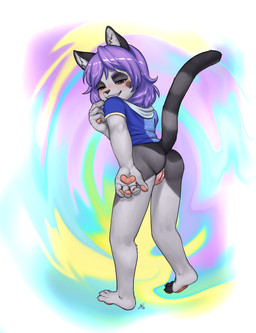 4_fingers 4_toes abstract_background anthro barefoot bedroom_eyes biped black_body black_claws black_ears black_fur black_nose black_tail blue_background blue_clothing blue_hoodie blue_topwear blush blushing_at_viewer body_blush bottomless bottomless_anthro bottomless_female brown_eyes butt claws clitoris clothed clothed_anthro clothed_female clothing cute_fangs eyebrows fangs feet female female_anthro finger_claws fingerpads fingers fur genitals glistening glistening_hair green_background grey_body grey_fur grey_markings grey_stripes grey_tail grin grinning_at_viewer hair half-closed_eyes hindpaw hood hood_down hoodie humanoid_genitalia humanoid_vulva inner_ear_fluff iris loli long_tail looking_at_viewer looking_back looking_back_at_viewer markings medium_hair monotone_hair multicolored_body multicolored_fur multicolored_tail narrowed_eyes pattern_clothing pattern_hoodie pattern_topwear pawpads paws pink_blush pink_clitoris pink_pawpads plantigrade plantigrade_pawpads presenting presenting_hindquarters presenting_vulva psychedelic_background pupils purple_background purple_eyebrows purple_hair raised_heel raised_tail rear_view ring_(marking) ringed_tail seductive short_sleeve_hoodie short_sleeves simple_background smile smiling_at_viewer solo striped_markings striped_tail stripes tail tail_markings teeth three-quarter_view toe_claws toes topwear tuft two_tone_tail vulva vulva_blush white_background white_body white_claws white_fur white_inner_ear white_inner_ear_fluff white_tuft yellow_background young young_anthro young_female aogami epsilion domestic_cat felid feline felis mammal 2026 absurd_res colored dated full-length_portrait hi_res portrait shaded signature andromorph_(lore) intersex_(lore)