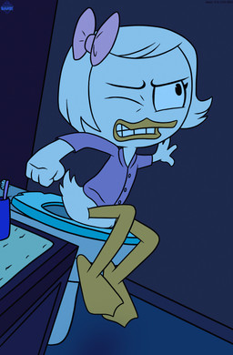 anthro avian_feet bathroom beak clothing feathers female genitals night pajama_shirt pajamas pooping ribbons sitting sitting_on_toilet solo toilet toilet_use vulva young thedispenser69 disney ducktales webby_vanderquack anatid anseriform avian bird duck hi_res