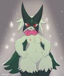 anthro areola breasts fangs female fur genitals green_body green_fur medium_breasts nipples nude pink_areola pink_nipples pussy red_eyes simple_background solo teeth thick_thighs wide_hips dawciday nintendo pokemon generation_9_pokemon meowscarada pokemon_(species) hi_res