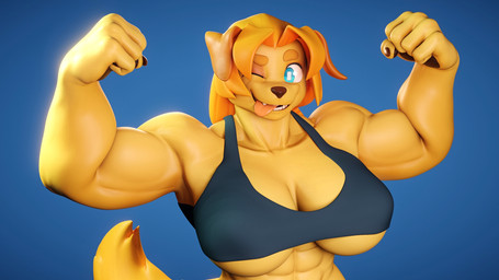 abs anthro biceps big_breasts blep blonde_hair breasts female fur gesture hair muscular muscular_anthro muscular_arms muscular_female muscular_thighs one_eye_closed simple_background solo thick_thighs tongue tongue_out wink palurdas_arts dog_knight_rpg jeane_(ceehaz) bird_dog canid canine canis domestic_dog golden_retriever hunting_dog mammal retriever 3d_(artwork) digital_media_(artwork) hi_res tagme