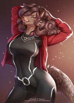5_fingers anthro breasts brown_hair clothed clothing eyebrows eyelashes female fingers hair hair_over_eye jacket one_eye_obstructed open_clothing open_jacket open_topwear pose red_clothing red_jacket red_topwear smile solo tail topwear yasmil maeko_(scappo) herpestid mammal mongoose 2020 digital_media_(artwork) hi_res