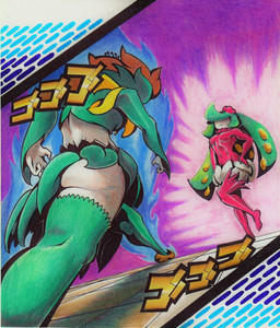 breasts butt clothed clothing dio_walk duo featureless_breasts female floor fully_clothed green_hair hair hand_on_hip legwear long_hair navel not_furry orange_hair parody plant pokemorph pseudo_clothing rear_view simple_background small_breasts standing text tile tile_floor walking white_body white_skin villaineee jojo's_bizarre_adventure menacing_(meme) menacing_approach nintendo pokemon stardust_crusaders elemental_creature flora_fauna generation_5_pokemon generation_7_pokemon humanoid lilligant pokemon_(species) tsareena 2016 absurd_res hi_res japanese_text meme traditional_media_(artwork)