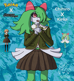 ambiguous_gender bottomwear clothing femboy green_hair hair nervous pink_eyes school_uniform skirt solo uniform go-two danganronpa danganronpa:_trigger_happy_havoc nintendo pokemon spike_chunsoft chihiro_fujisaki generation_3_pokemon humanoid kirlia pokemon_(species) absurd_res hi_res reference_image