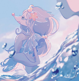 ambiguous_gender anthro big_hair blue_eyes blue_hair eyelashes flat_chested flipper_hands hair open_mouth outside partially_submerged semi-anthro solo split_form starfish_(accessory) white_body s_putnik_2 nintendo pokemon aquatic asterozoan echinoderm generation_7_pokemon mammal merfolk pinniped pokemon_(species) primarina starfish hi_res