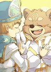 anthro blonde_hair blush brown_body brown_fur clothing duo eyes_closed fur gloves hair hands_together handwear hat headgear headwear male priest_robes ring slightly_chubby hiratai_tori crave_saga gabu_(crave_saga) bear human mammal