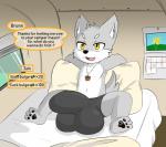 anthro bed big_bulge bulge furniture huge_bulge hyper hyper_bulge male shota small_but_hung solo text young young_anthro inubashiri animal_crossing nintendo canid canine canis mammal wolf english_text hi_res