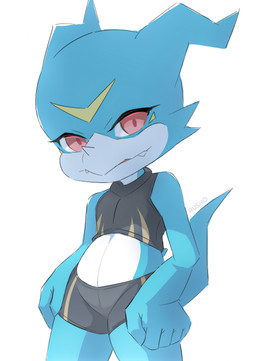 5_fingers ambiguous_gender anthro black_bottomwear black_clothing black_topwear blue_arms blue_fingers blue_hands blue_legs blue_tail bottomwear clothed clothing fingers midriff multicolored_body solo tail topwear white_body yellow_body rusho bandai_namco digimon digimon_(species) veemon hi_res