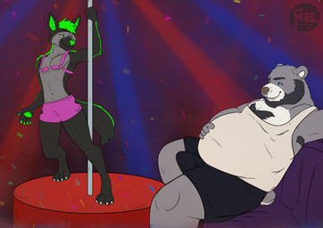 anthro beard body_hair bottomwear chest_hair claws clothing clubhouse confetti dancing duo erection erection_under_clothing facial_hair furniture harness led_light lights male male/male nightclub pole pole_dancing pose private_session shirt shorts size_difference sofa striptease tank_top topwear artist_kaitobear texas_bruin bear canid canine canis mammal wolf absurd_res flat_colors hi_res pinup