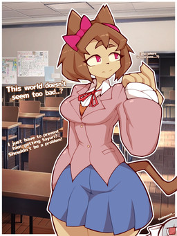 accessory biped bow_ribbon breasts brown_body brown_fur brown_hair classroom clothed clothing club_arms cosplay crossover_cosplay female fur hair hair_accessory hair_bow hair_ribbon inner_monologue inside outline red_eyes ribbons school school_uniform screencap screencap_background solo tail tan_body tan_skin text thinking three-quarter_view uniform white_outline hosses21 doki_doki_literature_club! gameoverse glitch_productions team_salvato kaboodle_(gameoverse) kit_bodega felid feline humanoid mammal 2026 3:4 crossover digital_drawing_(artwork) digital_media_(artwork) english_description english_text hi_res portrait three-quarter_portrait