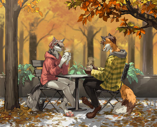 anthro autumn_leaves barefoot beanie beverage bottomwear chair claws clothed clothing coffee dipstick_tail duo eye_contact feet fur furniture hair hat headgear headwear hoodie leaf looking_at_another male markings outside pants pawpads paws plant pointy_ears prick_ears sitting table tail tail_markings toe_claws topwear tree wintom poleon west_(westfox) canid canine canis domestic_dog fox husky mammal nordic_sled_dog spitz 2022 digital_media_(artwork)