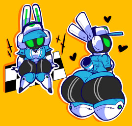 anthro big_butt black_body breasts butt butt_focus checkered checkered_floor clothing collar electronics female green_eyes green_inner_ear hat headgear headphones headwear heart_symbol high-angle_view huge_butt huge_hips huge_thighs knee_pads looking_at_viewer looking_back looking_back_at_viewer looking_up machine medium_breasts mouth_closed multiple_angles one_piece_suit orange_background rabbit_ears rear_view robotic_tail simple_background sitting smile solo thick_thighs wide_hips deadxcanine project_turboblast tempo_(project_turboblast) lagomorph leporid mammal rabbit robot robot_anthro 2025 hi_res