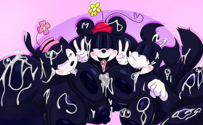 anthro big_breasts big_butt black_body bodily_fluids breasts butt clothing cum cum_drip cum_in_mouth cum_inside cum_on_face dripping female genital_fluids gesture gloves group hand_gesture handwear hat headgear headwear huge_breasts huge_butt nipples tongue tongue_out trio v_sign rabbit5gamer disney merrie_melodies warner_brothers minnie_mouse ortensia roxy_(merrie_melodies) canid canine domestic_cat felid feline felis fox mammal mouse murid murine rodent hi_res