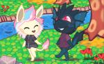 ambiguous_gender chibi clothing detailed_background duo fin flower fur grass hair mane mane_hair night pink_eyes plant river rock scenery spots tree walking frostedmilkshake furrycandyshop sugarcube felid fish lion mammal marine pantherine sea_creature