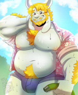 aloha_shirt anthro areola barazoku beard belly belly_overhang big_belly big_bulge big_muscles bodily_fluids body_hair bottomwear bulge chest_hair clothed clothing day eyebrows facial_hair hair hand_behind_head happy_trail holding_object horn hose looking_at_viewer male musclegut muscular muscular_anthro muscular_male navel nipples open_clothing open_shirt open_topwear outside overweight overweight_anthro overweight_male pattern_clothing pattern_shirt pattern_topwear pecs pubes shirt shorts smile solo standing sweat teeth thick_thighs topwear k1ngl30n undertale_(series) asgore_dreemurr boss_monster_(undertale) bovid caprine goat mammal 2025 hi_res signature