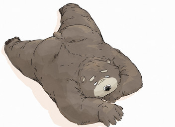 anthro black_nose brown_body brown_fur butt fur kemono lying male overweight overweight_male simple_background solo pommn_mn bear mammal 2026 hi_res