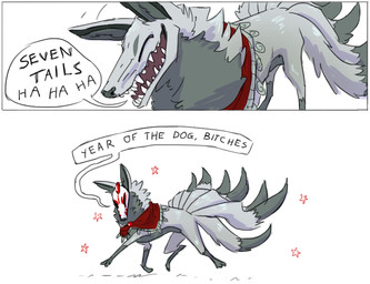 7_tails ambiguous_gender cloak clothing dialogue feral fur grey_body grey_fur laugh multi_tail neck_tuft open_mouth open_smile sharp_teeth simple_background smile solo sparkles speech_bubble tail teeth text tuft walking white_background pocketss kenji_(pocketss) canid canine fox mammal 2018 comic english_text
