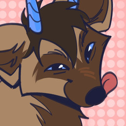 anthro blue_eyes blue_horn brown_body brown_fur fur horn male pink_background simple_background smile solo tongue ruzaki hybrid hyena mammal icon