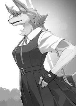 ahoge anthro claws clothing female finger_claws fingerless_gloves gloves hair hand_on_hip handwear inner_ear_fluff kemono looking_at_viewer neck_tuft school_uniform solo tuft uniform shizuma_yoshinori sanbaka!!! gagaka_verteus_(sanbaka!!!) canid canine mammal absurd_res greyscale hi_res japanese_description monochrome